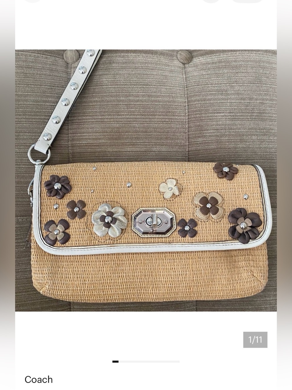 Coach Natalie Floral Straw Clutch Tan and Brown Floral Wristlet - Wristlet